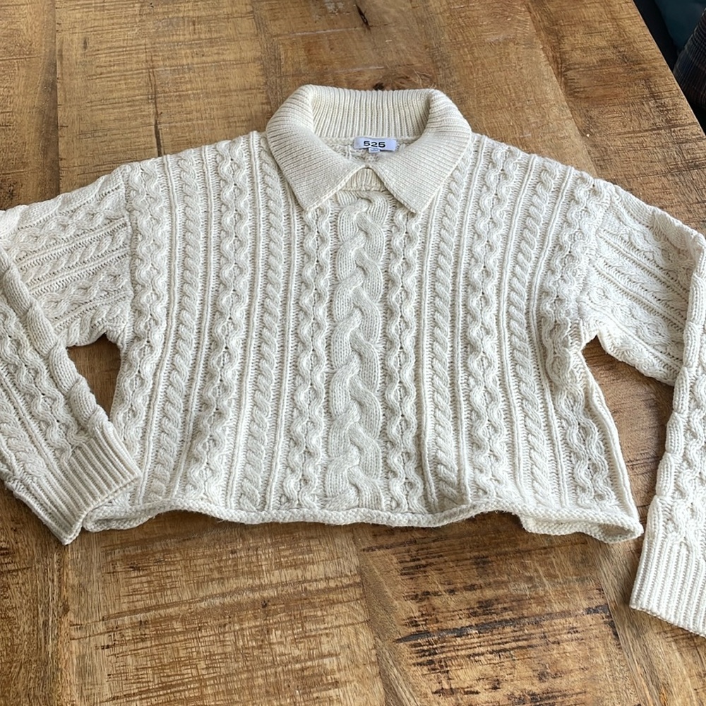 525 America cropped cream cable knit sweater with collar